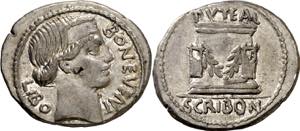 (hacia 62 a.C.). Gens Scribonia. Denario. ... 