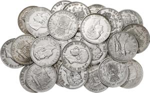 1870 a 1885. 5 pesetas. Lote de 27 monedas. ... 