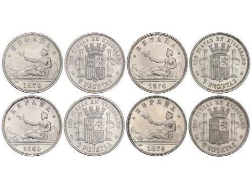 Lote 4 monedas 2 Pesetas. 1869 y ... 