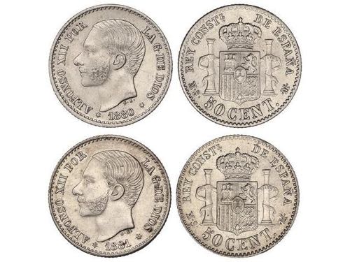 Lote 2 monedas 50 Céntimos. 1880 ... 
