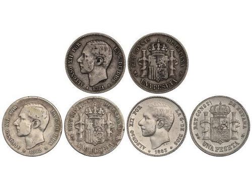 Lote 3 monedas 1 Peseta. 1881, ... 