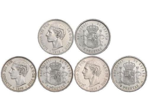 Lote 3 monedas 5 Pesetas. 1877, ... 
