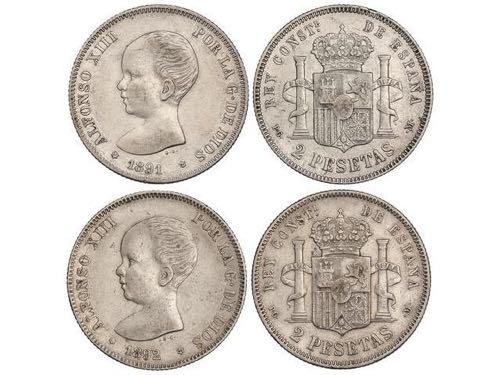 Lote 2 monedas 2 Pesetas. 1891 ... 