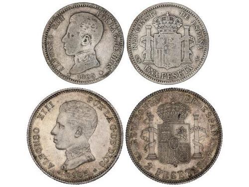 Lote 2 monedas 1 y 2 pesetas. 1905 ... 