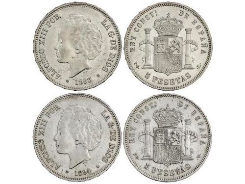 Lote 2 monedas 5 Pesetas. 1893 y ... 