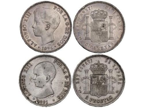 Lote 2 monedas 5 Pesetas. 1891  y ... 