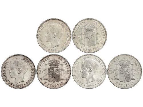 Lote 3 monedas 5 Pesetas. 1896, ... 