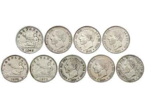 Lote 9 monedas 2 Pesetas. 1870 a ... 