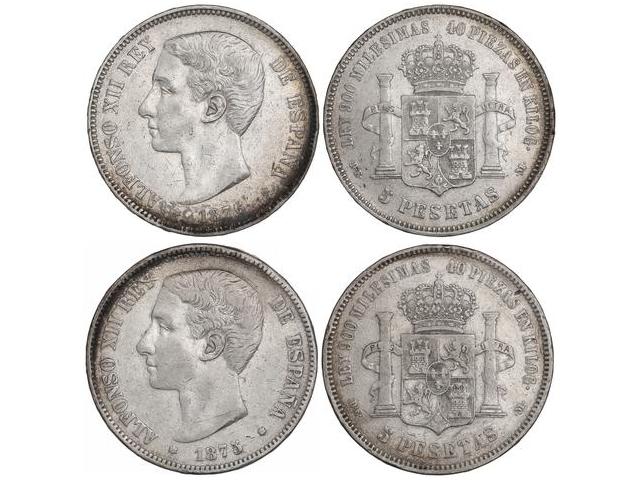 Lote 2 monedas 5 Pesetas. 1875 y ... 