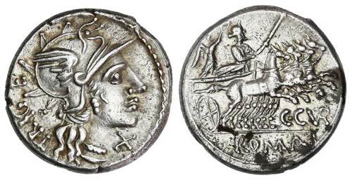 Denario. 142 a.C. CURIATIA. Caius ... 