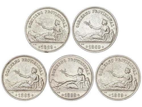 Lote 5 monedas 1 Peseta. 1869. ... 