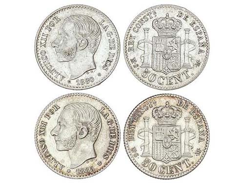 Lote 2 monedas 50 Céntimos. 1880 ... 