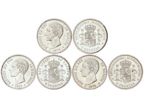 Lote 3 monedas 5 Pesetas. 1875, ... 