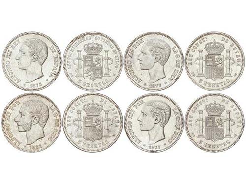 Lote 4 monedas 5 Pesetas. 1875, ... 