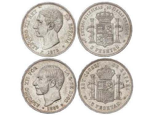 Lote 2 monedas 5 Pesetas. 1875 y ... 