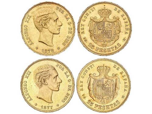 Lote 2 monedas 25 Pesetas. 1877 y ... 