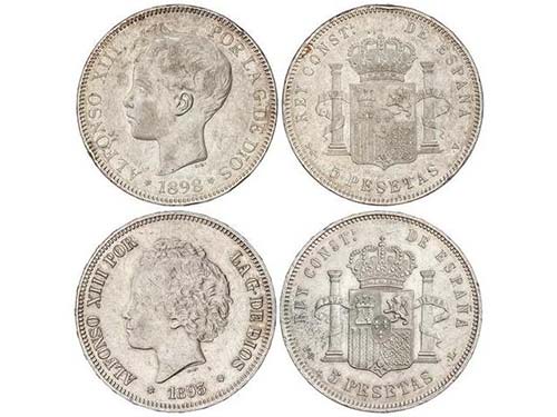 Lote 2 monedas 5 Pesetas. 1893, ... 