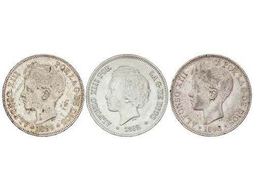 Lote 3 monedas 5 Pesetas. 1892, ... 