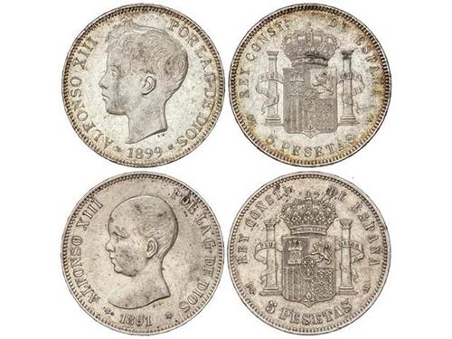 Lote 2 monedas 5 Pesetas. 1891 y ... 
