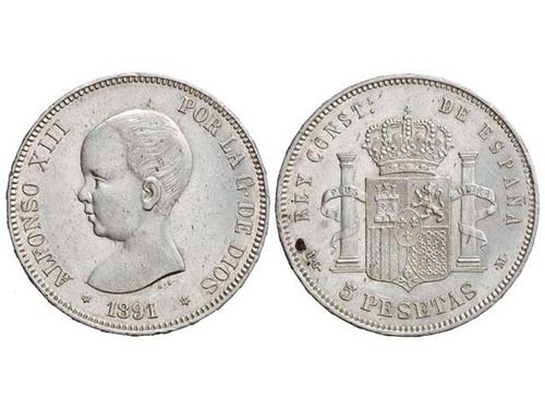 Lote 13 monedas 5 Pesetas. 1891, ... 