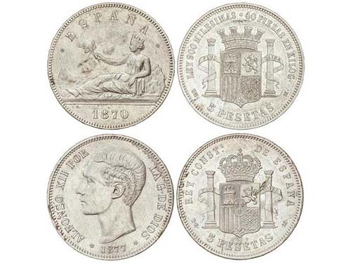 Lote 2 monedas 5 Pesetas. 1870 y ... 