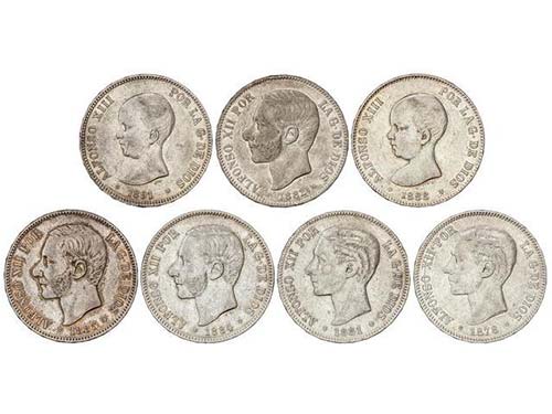 Lote 7 monedas 5 Pesetas. 1878 a ... 