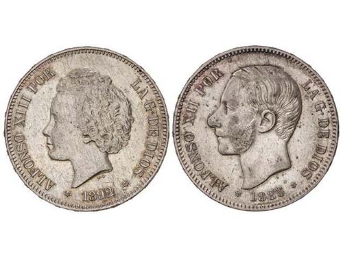 Lote 2 monedas 5 Pesetas. 1885 y ... 