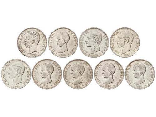 Lote 9 monedas 5 Pesetas. 1871 a ... 