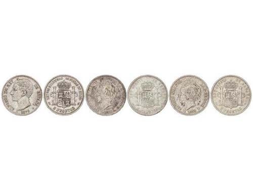Lote 3 monedas 5 Pesetas. 1876, ... 