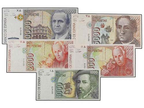 Juan Carlos I - Lote 5 billetes ... 