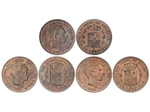 Lote 3 monedas 10 Céntimos. 1877, ... 