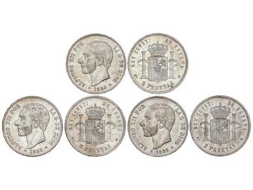 Lote 3 monedas 5 Pesetas. 1884 ... 