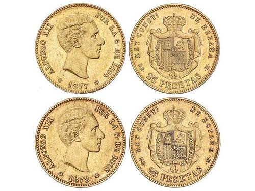 Lote 2 monedas 25 Pesetas. 1877 ... 