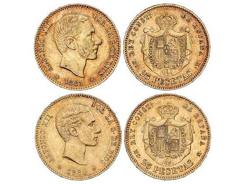 Lote 2 monedas 25 Pesetas. 1880 ... 