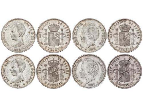 Lote 4 monedas 5 Pesetas. 1888, ... 