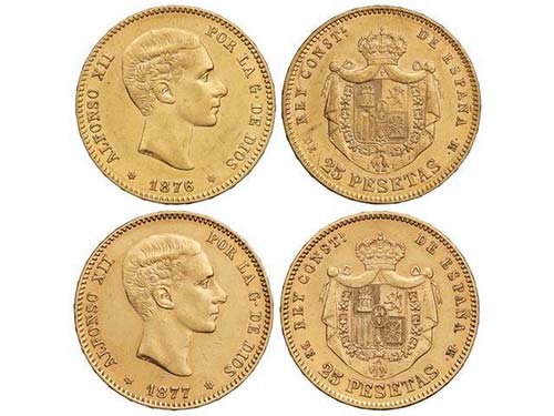 Lote 2 monedas 25 Pesetas. 1876 ... 