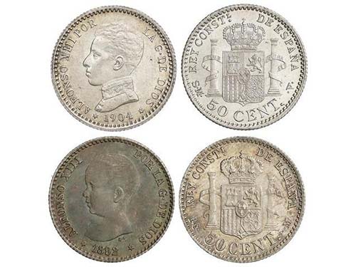 Lote 2 monedas 50 Céntimos. 1892 ... 