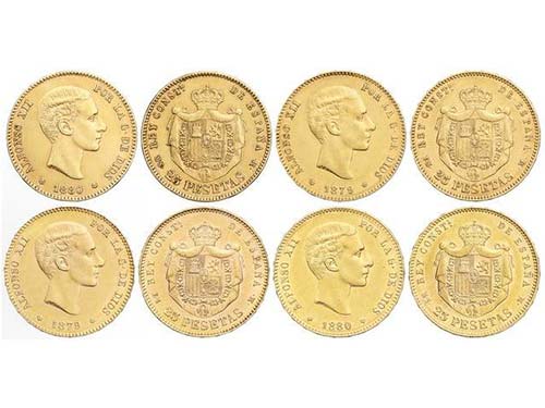 Lote 4 monedas 25 Pesetas. 1879 y ... 