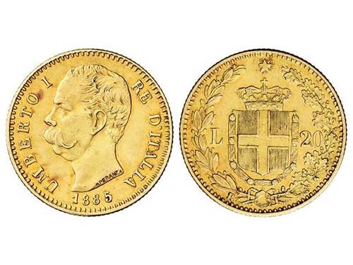 Italy - 20 Liras. 1885-R. HUMBERTO ... 