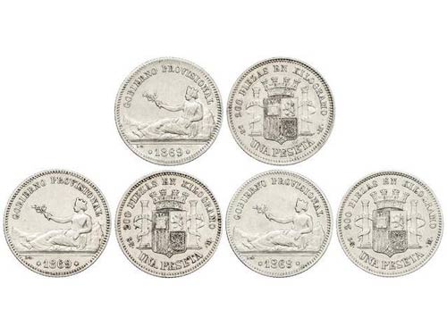 Lote 3 monedas 1 Peseta. 1869. ... 