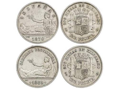 Lote 2 monedas 1 Peseta. 1869 y ... 