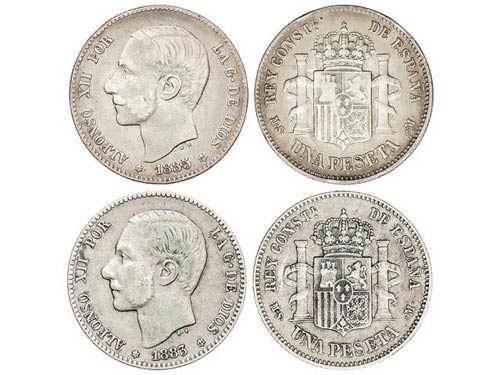 Lote 2 monedas 1 Peseta. 1883 y ... 