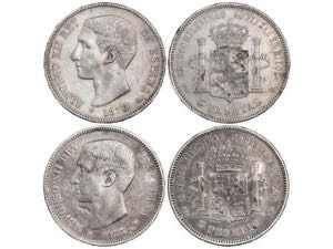 Lote 2 monedas 5 Pesetas. 1875 (*18-75) y ... 