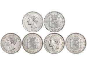 Lote 3 monedas 5 Pesetas. 1875, 1881 y 1882. ... 