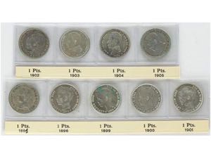 Lote 9 monedas 1 Peseta. 1891, 1896, 1899, ... 