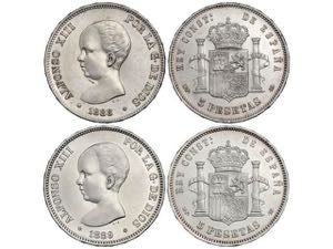 Lote 2 monedas 5 Pesetas. 1888 (*18-88) y ... 