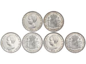 Lote 3 monedas 5 Pesetas. 1890, 1891 y 1892. ... 