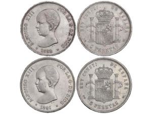 Lote 2 monedas 5 Pesetas. 1891 (*18-91) y ... 