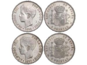 Lote 2 monedas 5 Pesetas. 1897 (*18-97) y ... 