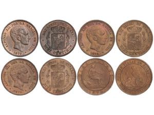 Lote 4 monedas 10 Céntimos. 1870, 1877, ... 